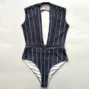 Revel Ray swim one piece swimsuit with navy white pinstripe cutout back medium